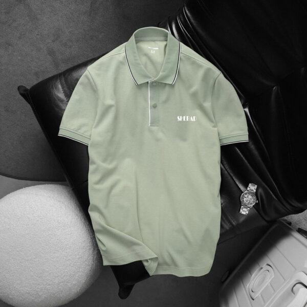 Elegant and Sophisticated Plain Polo Shirt with Striped Trim and Chest Logo SOUWE002 - Image 2